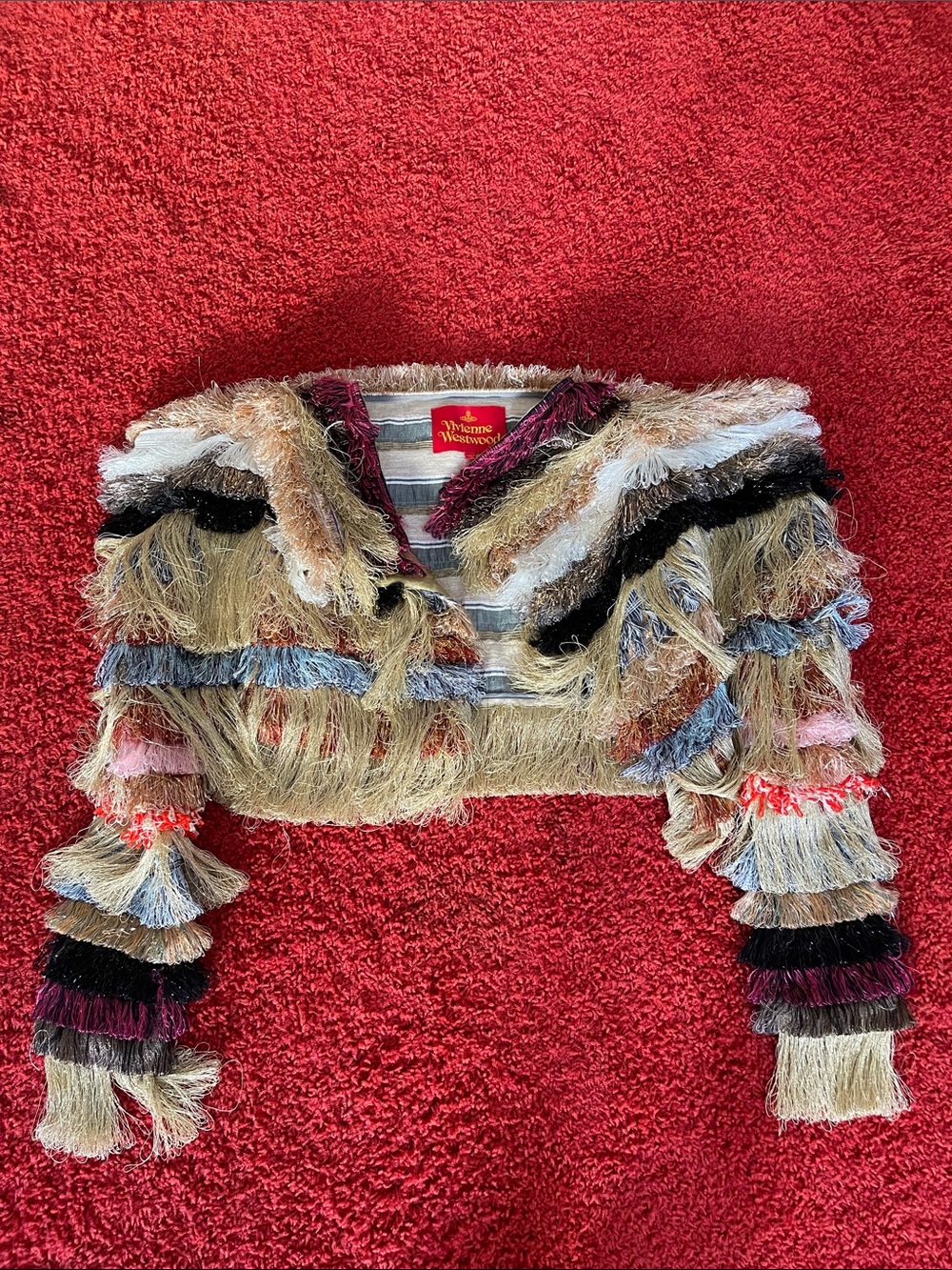 Vivienne Westwood RED LABEL Bolero Fringe Hippie Jacket Beige/Grey Stripes SS17 - Picture 7 of 13